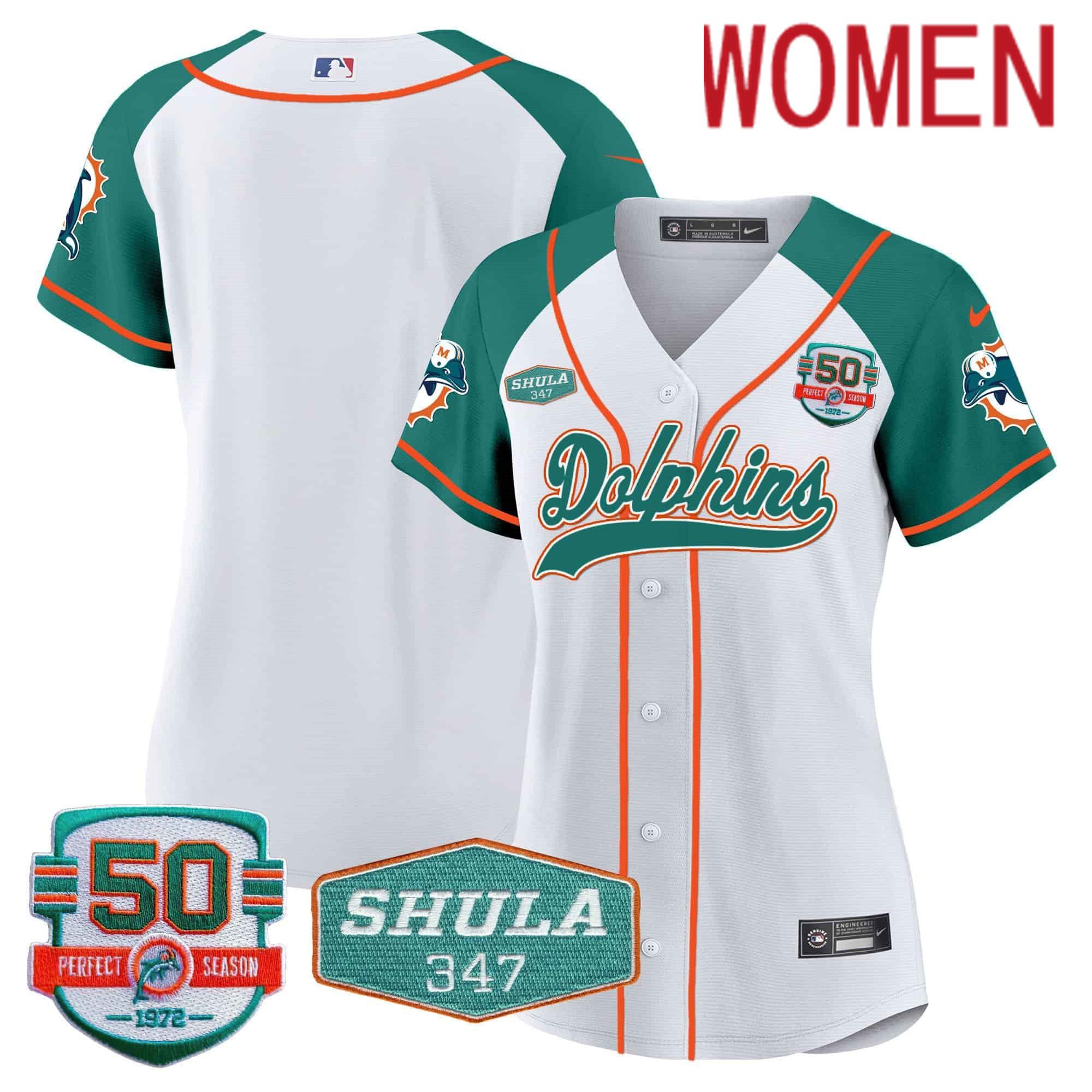 Women Miami Dolphins Blank White 2024 Nike 50th Don Shula Memorial Patch Baseball NFL Jersey style 1